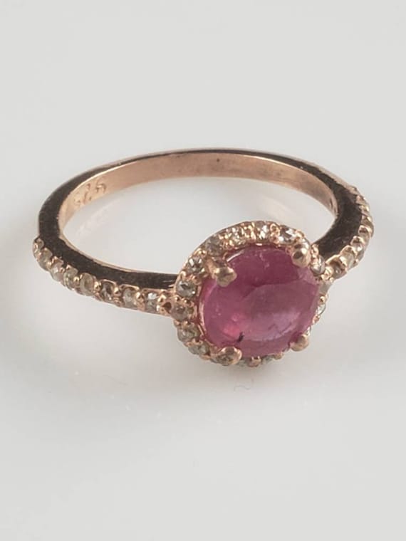 Estate Art Deco Ruby & Diamond Rose Gold Halo Ring - image 3