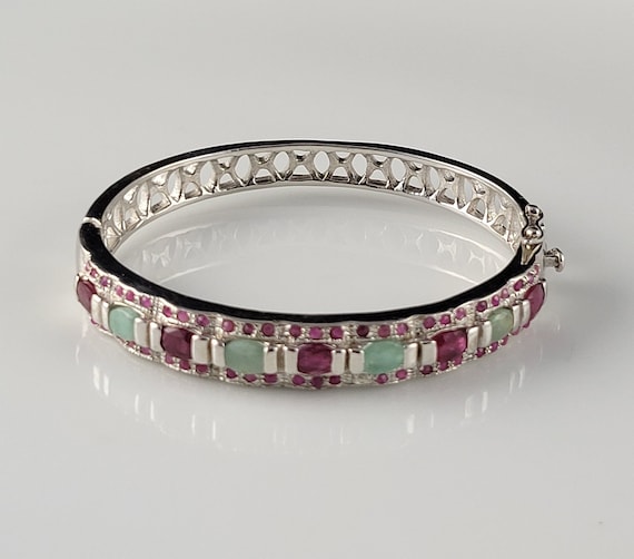 Emerald & Ruby Encrusted Sterling Hinged Bracelet - image 1