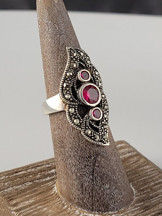 Art Deco Ruby & Marcasite Sterling Statement Ring - image 5