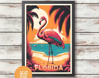 Florida Travel Poster - Illustration - Printed Poster - Florida Wall Art - Wall Deco - Gift Idea - Flamingo - Florida Home Decor