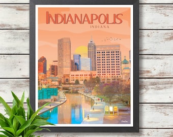 Puede incluir: Un cartel de viaje de estilo vintage con una vista de la ciudad de Indianápolis, Indiana. El cartel representa un canal con un puente y edificios en el fondo. El cielo es de un color naranja suave y el agua es de un azul reflectante.