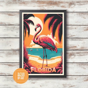 Florida Travel Poster - Illustration - Printed Poster - Wall Art - Wall Deco - Gift Idea - Flamingo - Home Deco - Tropical Decor