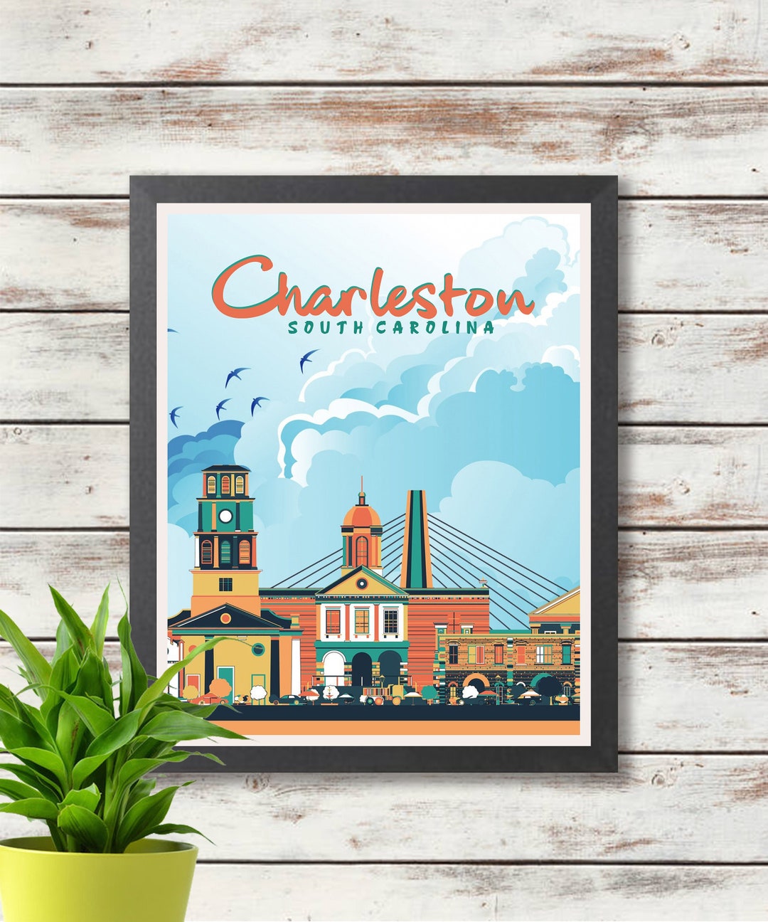Tableau Sur Toile - Aquarelle Rainbow Row Charleston (Caroline Du Sud) - Encadré Prêt à Accrocher
