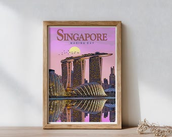 Singapore Travel Poster - Marina Bay Sands Wall Art Print - Singapore Skyline Decor - Asian City Art - Modern Architecture Print