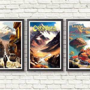 Set of 3 Travel Posters - La Paz - Cordillera de los Andes - Lago de Guatape - Printed Posters - Wall decor - Wall Art - Home Decor