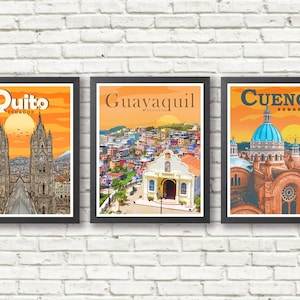 Set of 3 Ecuador Travel Posters - Quito - Guayaquil - Cuenca - Digital Download - Wall Decor - Home Decor - Travel Art - Wall Art