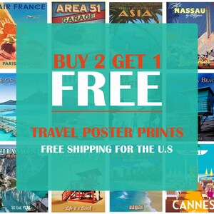 Puede incluir: Un collage de carteles de viaje vintage con un fondo turquesa y el texto "BUY 2 GET 1 FREE TRAVEL POSTER PRINTS FREE SHIPPING FOR THE U.S."