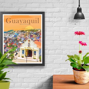Puede incluir: Un cartel de viaje vintage que presenta una ciudad colorida con una iglesia blanca en primer plano. El cartel est&aacute; titulado "Guayaquil, Ecuador" y tiene una puesta de sol en el fondo.