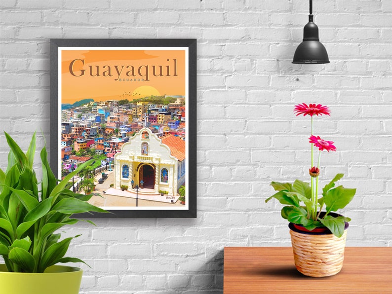 Puede incluir: Un cartel de viaje vintage que presenta una ciudad colorida con una iglesia blanca en primer plano. El cartel est&aacute; titulado "Guayaquil, Ecuador" y tiene una puesta de sol en el fondo.