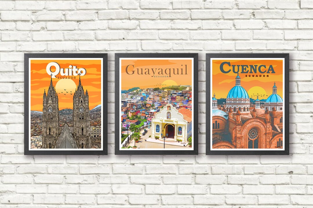 Set of 3 Travel Posters Quito Guayaquil Cuenca Ecuador Printed Posters