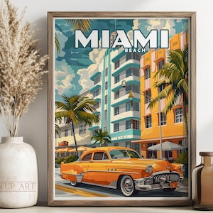 Art déco de Miami South Beach | affiche de voyage vintage en Floride | Art mural voiture rétro orange palmiers | Téléchargement numérique | Décoration murale