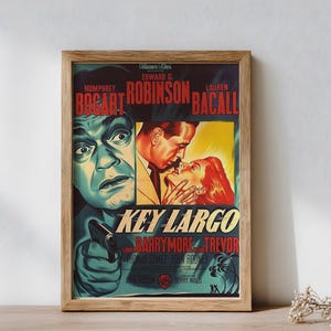 Op de afbeelding: Een ingelijste vintage filmposter voor "Key Largo" met Humphrey Bogart, Edward G. Robinson en Lauren Bacall. De poster heeft een kleurenschema van teal, rood en geel, met de filmtitel prominent weergegeven.
