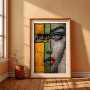 Bali Temple Abstract Portrait Art Print | Split Face Geometric Woman Wall Art | Bold Color Panel Decor | Surreal Balinese Art Print