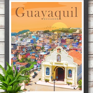 Puede incluir: Una ilustraci&oacute;n colorida de un paisaje urbano en Guayaquil, Ecuador, con una iglesia blanca en primer plano. La iglesia tiene un techo de tejas rojas y un campanario. La ciudad est&aacute; construida en una ladera y tiene muchos edificios coloridos. El cielo es naranja y el sol se est&aacute; poniendo.