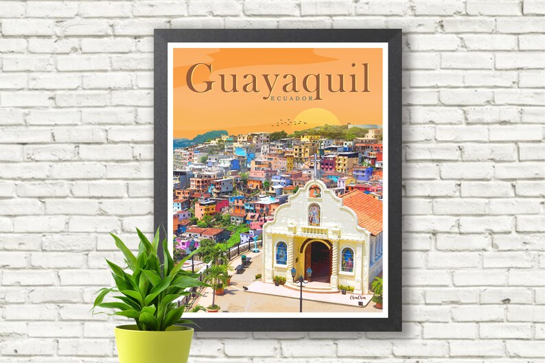 Puede incluir: Un cartel de viaje vintage con una ciudad colorida con una iglesia blanca en primer plano. El cartel tiene el texto "Guayaquil, Ecuador" en la parte superior.