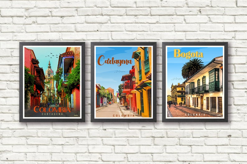Set of 3 Travel Posters Colombia Cartagena Bogota Printed Posters Wall deco Wall Art Home Decor Colombia Poster Travel Art image 1