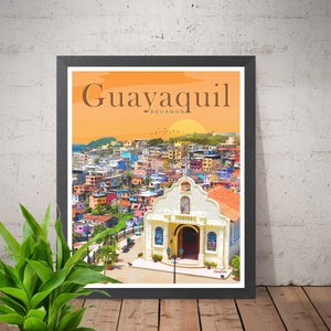 Puede incluir: Un cartel de viaje vintage con una ciudad colorida con una iglesia blanca en primer plano. El cartel tiene el texto "Guayaquil, Ecuador" en la parte superior.