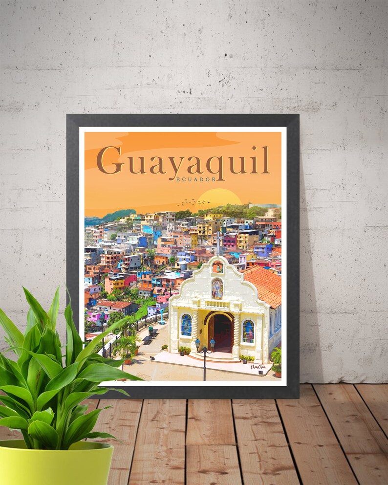 Puede incluir: Un cartel de viaje vintage con una ciudad colorida con una iglesia blanca en primer plano. El cartel tiene el texto "Guayaquil, Ecuador" en la parte superior.
