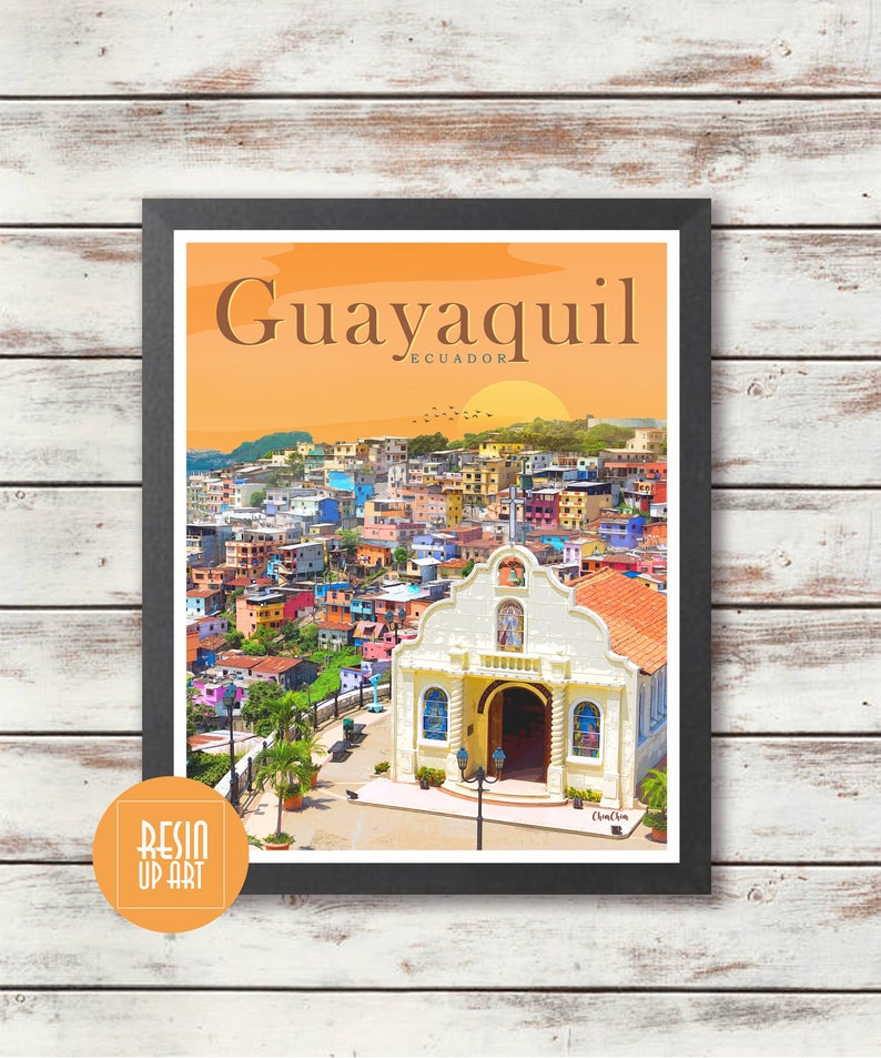 Puede incluir: Un cartel de viaje vintage colorido con una ciudad con una iglesia blanca en primer plano. El cartel tiene el texto "Guayaquil, Ecuador" en la parte superior.