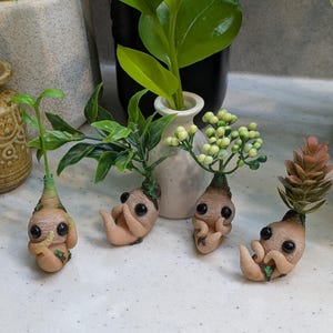 May include: Five small, hand-crafted figurines of plant people. Each figurine is made of a light brown material and has a different type of plant growing from its head. The figurines are arranged on a white surface.