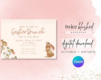 May include: Printable invitation for an Easter brunch and egg hunt. The invitation features a watercolor illustration of a bunny rabbit and a floral design. The text reads "Join us for an Easter Brunch and an Egg Hunt. Sunday, March 31, 2024 at 11:30am. Egg Hunt begins at 2:00pm. The Smith Home, 99 Cherry Lane, Tifton, GA 123456."