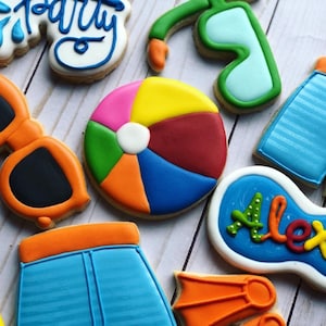 May include: A set of nine colorful sugar cookies decorated with summer themes. The cookies include a beach ball, sunglasses, a pool float, and swim trunks. The cookies are decorated with blue, green, orange, red, and yellow icing.