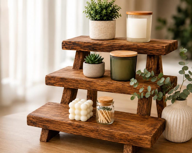 Puede incluir: Un expositor de madera de tres niveles con un acabado texturizado en marr&oacute;n oscuro. Los estantes contienen una peque&ntilde;a planta en maceta, una vela con tapa de madera, una suculenta en maceta gris, una vela verde, una vela de burbujas y un frasco.