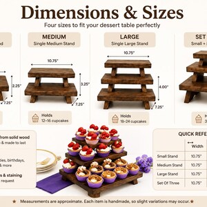 Puede incluir: Un conjunto de soportes de madera marr&oacute;n para postres en cuatro configuraciones: peque&ntilde;o, mediano, grande y un conjunto apilado de tres. La imagen incluye etiquetas de texto, dimensiones en pulgadas y una tabla de referencia r&aacute;pida.