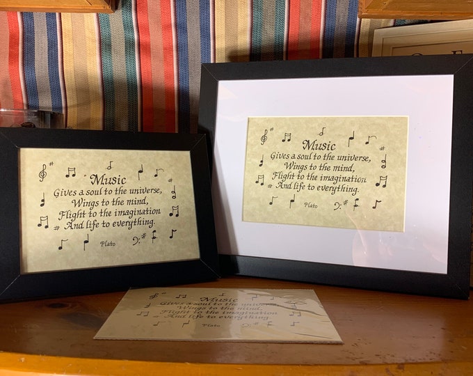 Music  Gives a soul to the universe, wings to the mind, flight to the imagination and life to everyt -  Verse, Handwritten calligraphy print