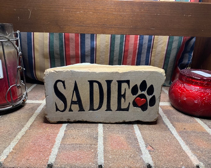 Sadie Pet memorial stone - Natural Stone engraved with Sadie pawprint with heart painted red