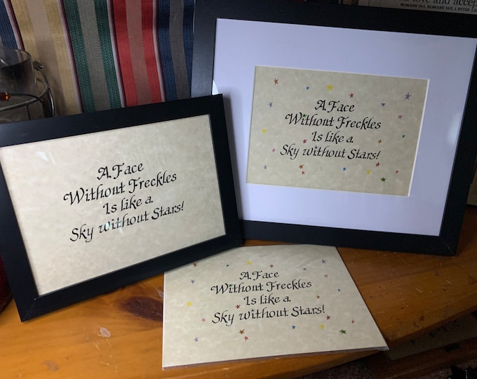 A face without freckles -  Verse, Handwritten calligraphy print--with and without colored stars each one is a little bit different