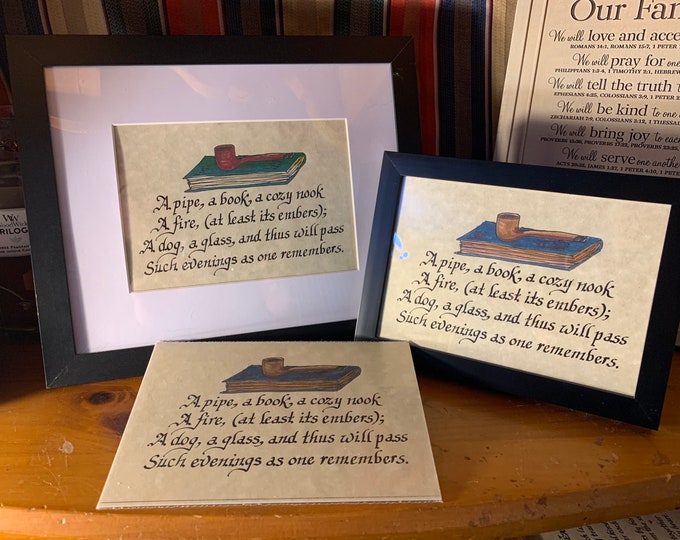 A pipe, a book, a cozy nook -  Verse, Handwritten calligraphy print