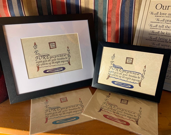 Before you go to bed at night give all your troubles to God -  Verse, Handwritten calligraphy print-- Navy, purple, red, or light blue
