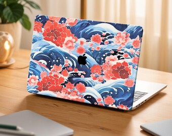 Funda para MacBook con estampado de olas japonesas: tapa dura, estampado floral oceánico