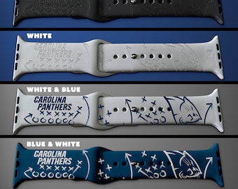 May include: A collection of Carolina Panthers Apple Watch bands in various color combinations. Each band features the team name and logo, along with football-themed graphics. Colors include white, black, blue, and red.