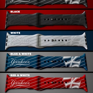 May include: Six different Apple Watch bands featuring a New York Yankees theme. The bands are in white and black, black and white, black, white, blue and white, and red and white. Each band displays the Yankees logo and a striped pattern.