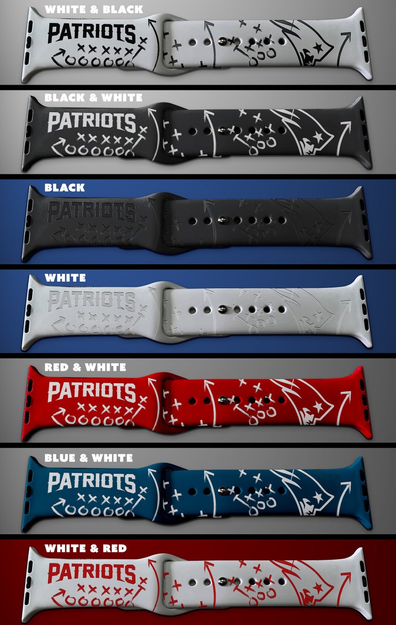 May include: Six different color variations of a watch band with a Patriots logo and football play design. The band is made of silicone and has a white background with black, red, blue, or white text and graphics. The text on the band reads "PATRIOTS" with a football play design underneath.