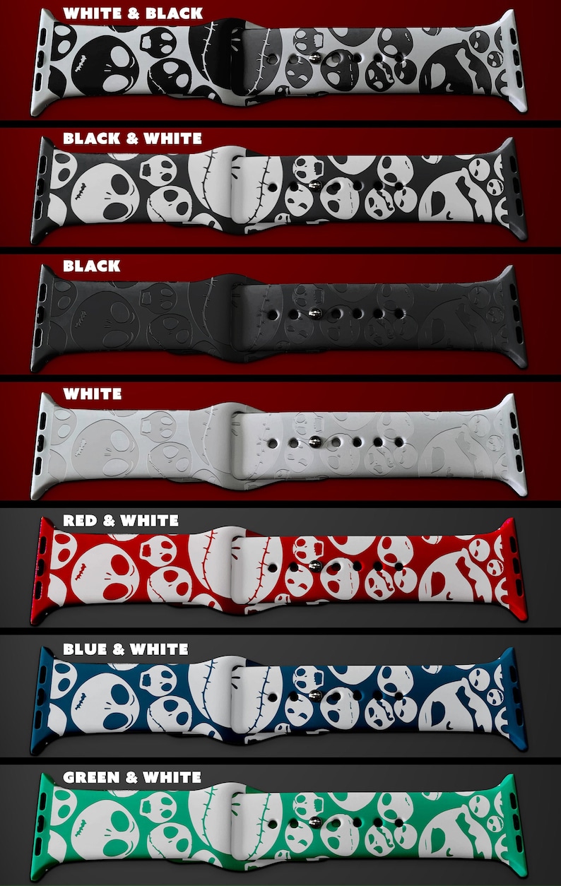 Pu&ograve; includere: Sette diversi cinturini per Apple Watch con un motivo che rappresenta il viso di Jack Skellington del film L'incubo prima di Natale. I cinturini sono disponibili nelle seguenti combinazioni di colori: bianco e nero, nero e bianco, nero, bianco, rosso e bianco, blu e bianco e verde e bianco.