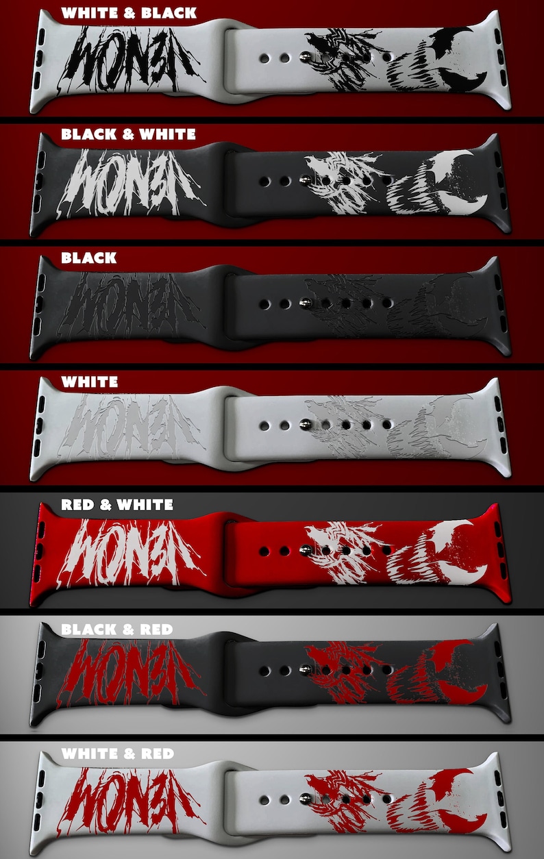 May include: A collection of seven silicone watch bands in various color combinations including white, black, red, and white and black. Each band features the text WON3N and a graphic illustration of a creature with sharp teeth and a large tongue.