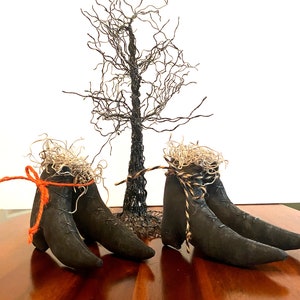 Set of Mini /Small Witch Boots Shoes with Hand Stitched Lacing going up entire front of Boots