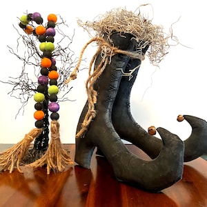 Witch Boots ,Set of Large Witch Boots Shoes with Hand Stitched Lacing going up entire front of Boot and Has Rusty Bells