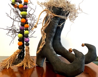 Witch Boots ,Set of Large Witch Boots Shoes with Hand Stitched Lacing going up entire front of Boot and Has Rusty Bells