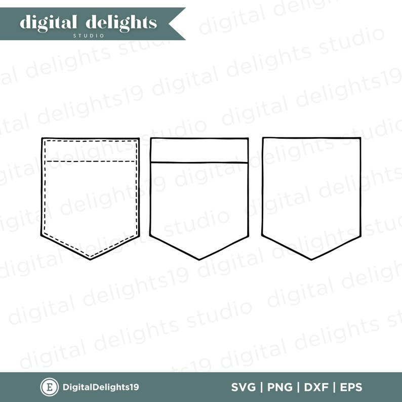 May include: Three pocket designs in black outline. The first pocket has a dashed stitch detail. The second pocket has a solid top line. The third pocket is a simple outline. The image includes the text "digital delights studio" and file type options.