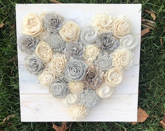 Wood Flower Heart Home Decor; Grey and White; Modern Farmhouse Style Decor; Rustic Farmhouse; Housewarming Gift; Anniversary Gift