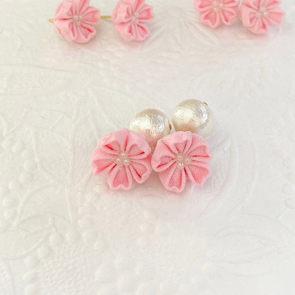 Cherry blossom, Flower earrings, , Sakura earrings, Tsumami zaiku earrings, cotton pearls, 2 ways