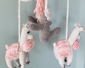 Handmade Crochet Baby Mobile, Llama Nursery Decor,  Llama Mobile,  Crochet Mobile, Alpaca and Cactus Mobile,  Boho Decor, Ready to ship!
