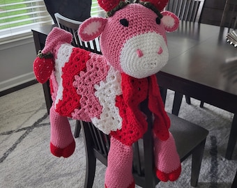 Cuddle and Play Strawberry Cow Baby Blanket, Handmade Crochet 3 in 1 Cow Baby Blanket, Made to Order, Pink Nursery Decor, Free Shipping!
