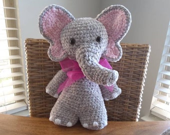 Chubby Stuffed Elephant, Josefina  the Elephant, Crochet Stuffed Elephant,  Pattern by Ira Rott,  Velvet Yarn, Free Shipping! Made to order!