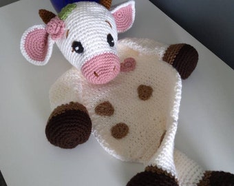 Handmade Crochet Cow Ragdoll,  24 inches tall,  Crochet Cow Lovey, Calliope Cow Designed by MandMCrochet, Ready to Ship with Free Shipping!