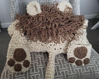 Hooded Lion Blanket, Handmade Crochet Child Sized Lion  Blanket, Safari Themed Decor, Folds into a pillow, Made to Order! Free Shipping!